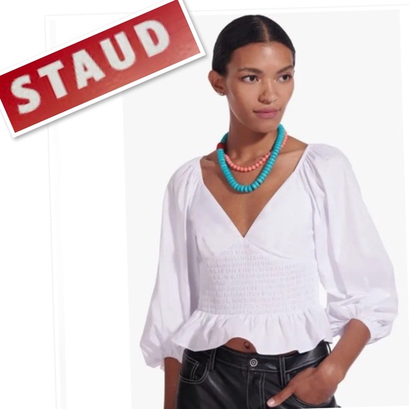 STAUD Matilde Puff Sleeve Cotton Poplin Long Sleeve Smoked Top - White  Size XL - Picture 1 of 14